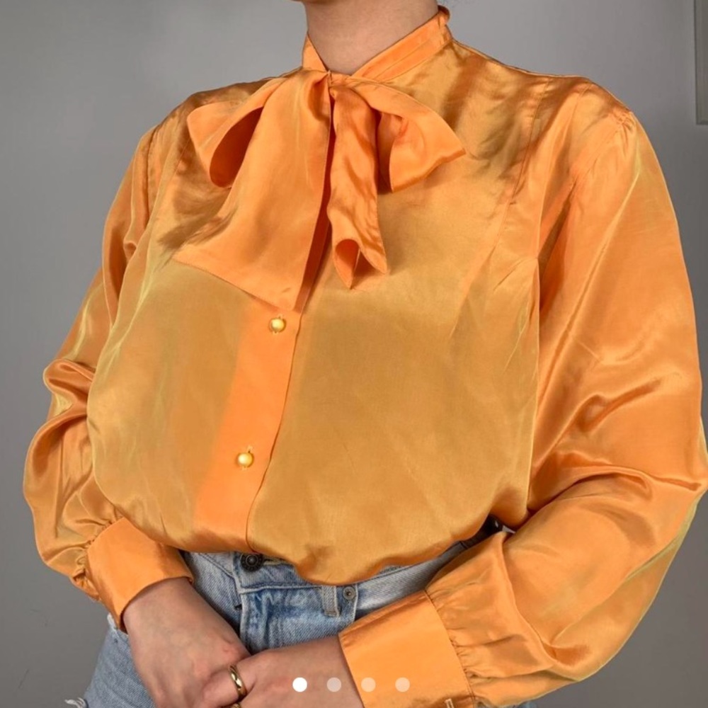 VINTAGE CHIC LACED NECK BRIGHT ORANGE LONG SLEEVE BUTTONED DOWN BLOUSE